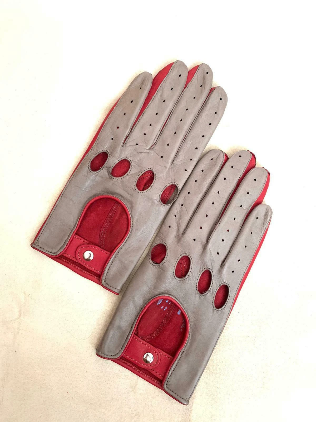 Handmade Women's Driving Real Napa Leather Lambskin Gloves Gray & Red