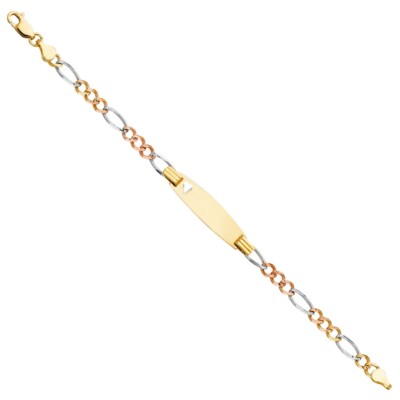 Gold 14K Tri Color Gold Figaro 3+1 Oval Baby ID Armband - 6''