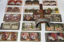 Stereo Viewer Stereoscope and Card lot, Vintage, Antique, wooden with 15 cards