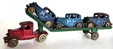 Toy Cast Iron Truck Car Carrier; Three Cars by A.C. Williams American Circa 1930