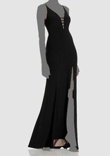 $238 Aqua Women's Black Stretch Zippered V-Neck Cage Plunge Gown Dress Size 8