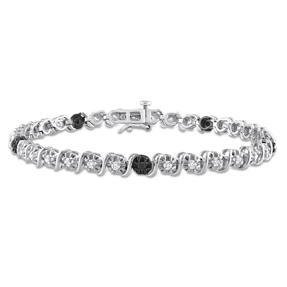 Brazalete tenis Amour de plata de ley de 1 quilate TW con diamantes blancos y negros