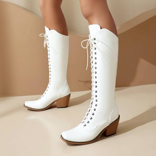 Women Lace Up Knee High Boots Chunky Block Heel Western Cowboy Square Toe Casual - Bild 3 von 19