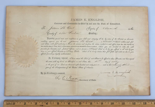 1869 Connecticut Gov. James E. English Autographed Notary Public Commission