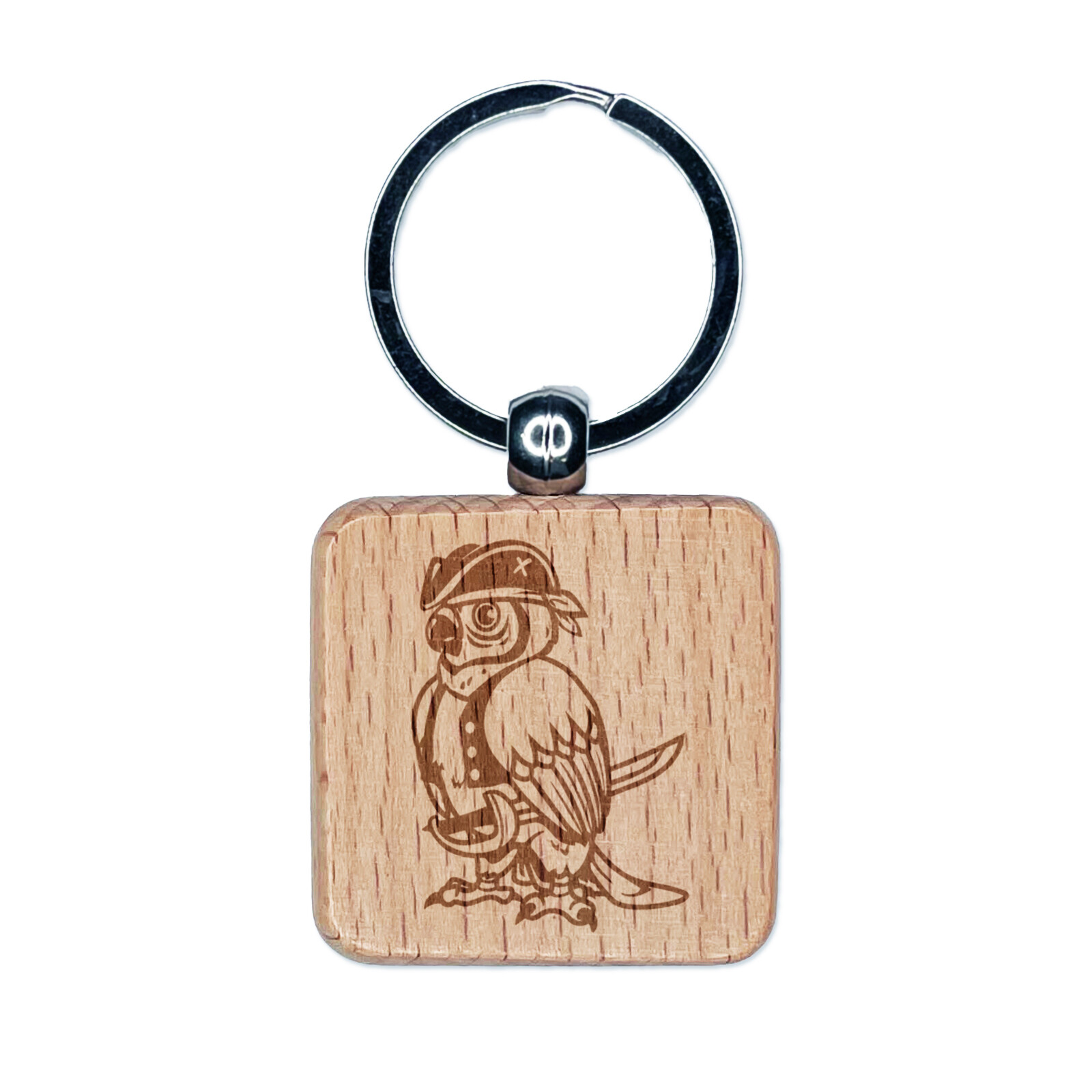 Pirate Parrot with Sword Engraved Wood Square Keychain Tag Charm