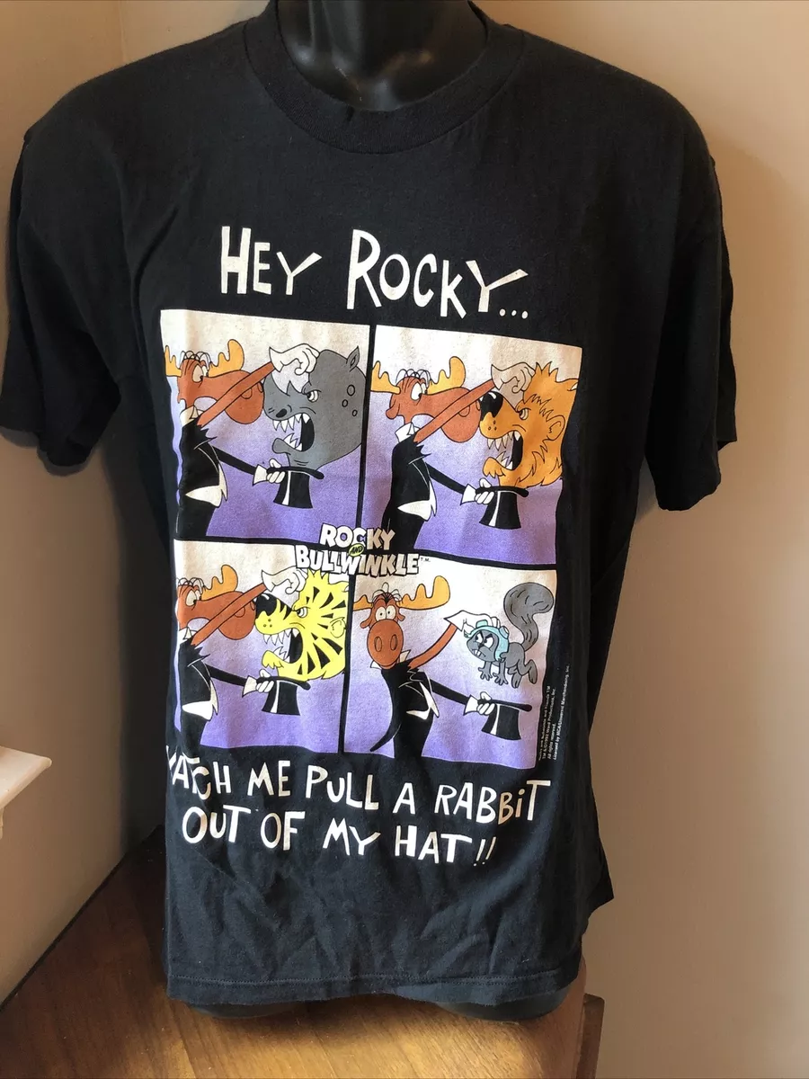 Vintage 90s ROCKY AND BULLWINKLE T Shirt Black Size L Pull Rabbit out of Hat