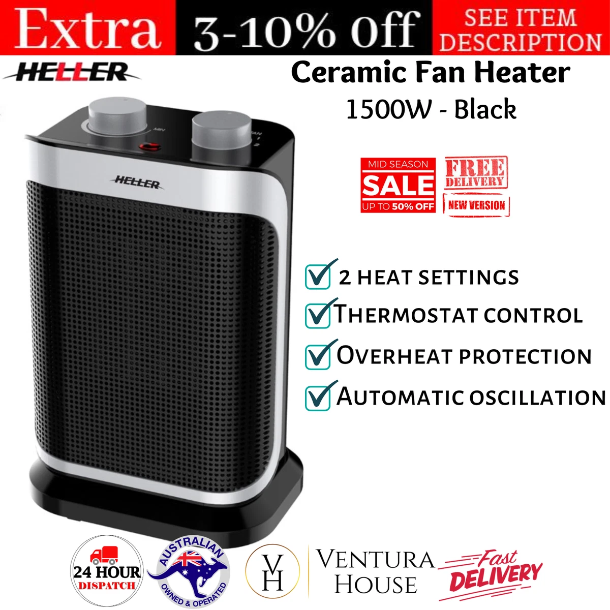 Heller 1500W Ceramic Oscillating Fan Heater - Black HCFH1500B Portable  Heating | eBay