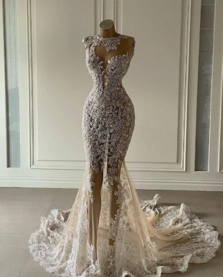 Crystal Mermaid Dresses See Through Lace Appliqued Bridal Gowns Luxurious Sequin | eBay Crystal Mermaid Dresses See Through Lace Appliqued Bridal Gowns Luxurious Sequin | eBay