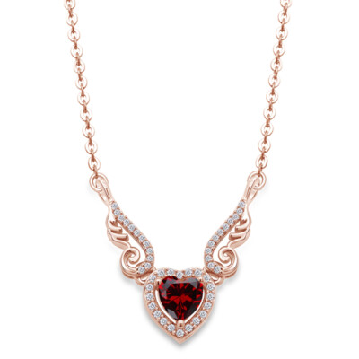 Garnet Angel Wings Heart Pendant Necklace 14K Rose Gold Plated