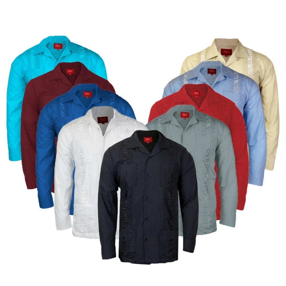 Men's Long Sleeve Shirt Guayabera Cuban Beach Wedding Button-Up Casual Dress Tee