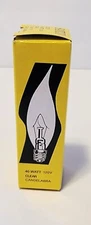 Brand new and in box Satco 40W clear candelabra shaped light bulb with flame tip