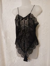 Vintage 80s Black Nylon Sheer Floral Lace Teddy Bodysuit Lingerie L EUC