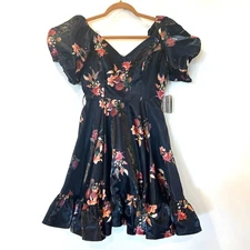 NWT La Fuori 100% silk babydoll puff sleeve mini dress black floral small 
