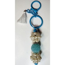 Vintage Handmade Blue Beaded Keychain 6 Bag Charm with White Bubble Beads -vn