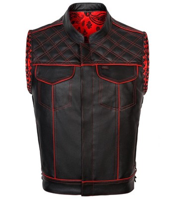 Men's Black Leather Vest Diamond Motorbike Motorcycle Red Concealed Waistcoat