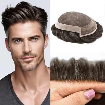 Swiss Lace Front Mens Toupee Poly Skin Hairpieces Human Hair Replacement System