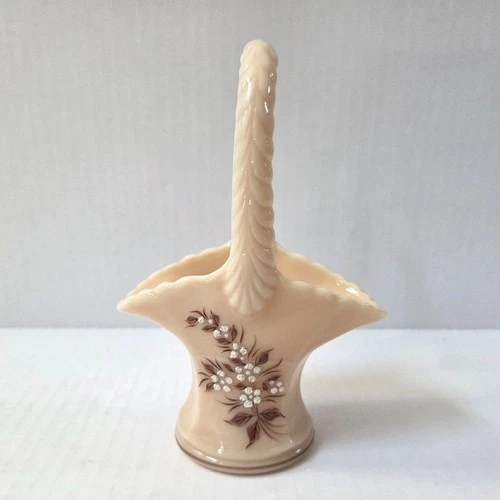 Vintage Westmoreland Glass Basket Almond Hand Painted Floral Cottage Farmhouse