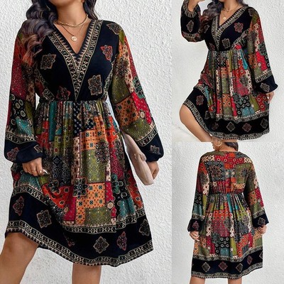 Übergröße Damen Vintage Freizeitkleid Swingkleid Herbst Langarm A-Linie Kleider
