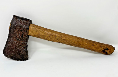 Vintage Antique Primitive Forged Camp Axe Hatchet Hand Carved Wood Handle Old