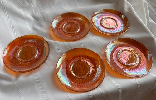 Set of 5 Marigold Amber Jeanette Carvival Glass Iridescent Saucers Anniversary