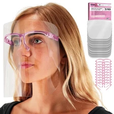 Salon World Safety Pink Face Shields with Glasses Frames (25 Pack) - Anti-Fog