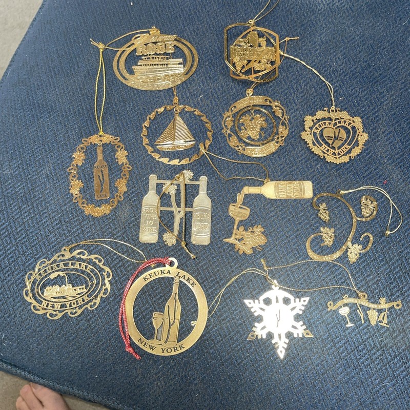 13 Kueka Lake New York Christmas Ornaments Gold Tone Metal Wine Boats Grapes Etc