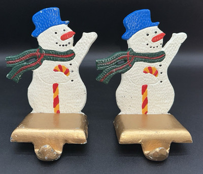 Lot of 2 Vintage Snowman Stocking Holder Hangers Heavy Cast Iron 6.25''