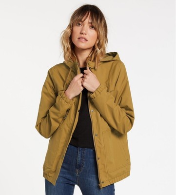 VOLCOM Women's Enemy Stone Hooded Zip Front Windbreaker Jacket Color Gold Size S