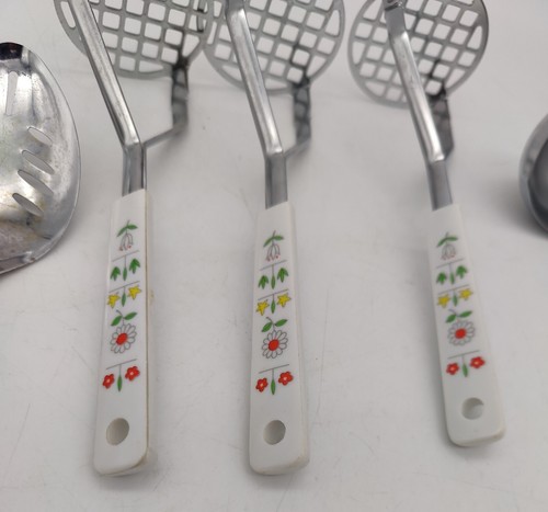 Lot 7 VTG Kitchen Utensil Japan Stainless Steel White Flowers Ladle Spoon Masher - Picture 3 of 6