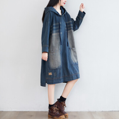 Vintage Womens Washed Denim Hoodie Dress Baggy Pullover Casual Long Shirt  Dress | eBay