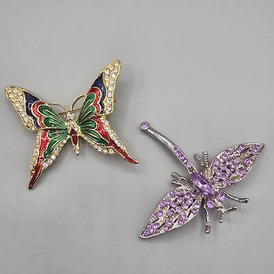Butterfly Dragonfly Brooch Pins (2) Rhinestone Enamel Figural Flying ...
