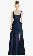 Alfred Sung Midnight  Blue Square Neck Satin A-Line Gown Dress Size 0 $261 D826
