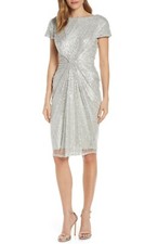 TADASHI SHOJI Silver Grey Sequin Embellished Pleated Tulle Cocktail Dress M 8/10