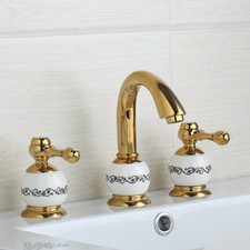 Gold Ceramic Body 3 PCS Mixer Bathroom Vanity Basin Faucet Widespread Brass Taps