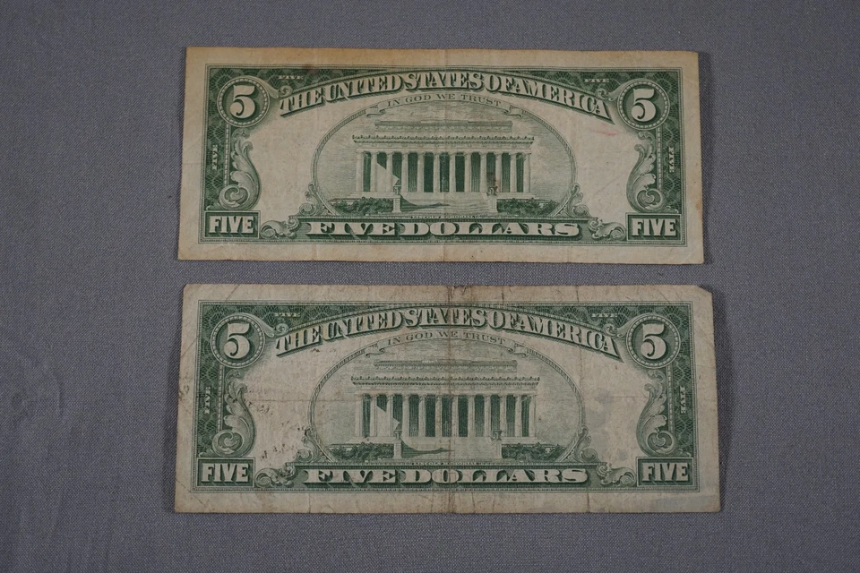 Lot of 9 Five 5 Dollar Notes - Red Seals 1963 x 2 1953 x 4 1953 x 2 1934 x 1 - Image 3 of 4