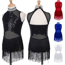 Kids Girls Leotards Latin Dance Dress Jazz Dancewear Elegant Dresses Shiny Mesh