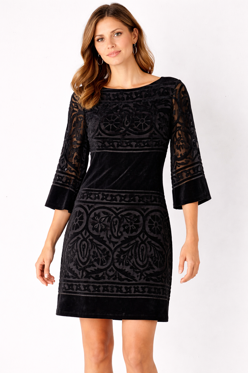 Donna Morgan Velvet Dress Black 3/4 Sheer Sleeve Coquette Classic Silk  Blend 4 | eBay