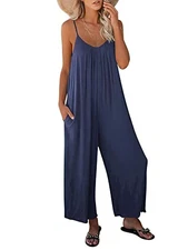  Women Summer Casual Sleeveless Spaghetti Strap Boho Wide Leg Small Navy Blue