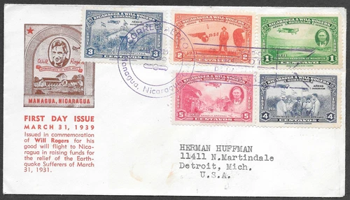 Nicaragua Will Rogers Airmail Stamps Cachet FDC First Day Cover to USA 1939