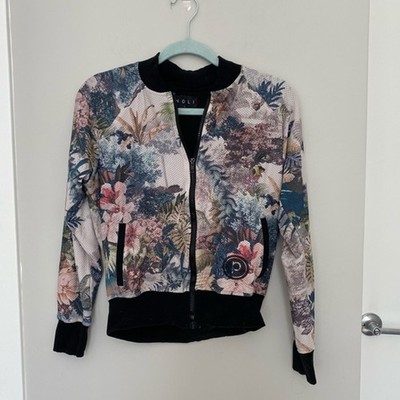 Noli Yoga x Pure Barre Jacket Painted Colorful Floral Print Pattern Bomber Zip