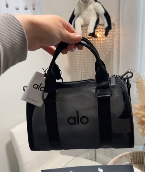 NWT Alo Yoga Mini Sheer Duffle Bag Black Mesh Crossbody Gym Travel
