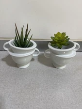 2 Crate and Barrel CB2 All White Whimsical Double Stacked Teacup Ceramic Planter