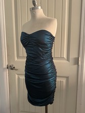 FOREVER 21 Size Large Teal Sparkle Strapless Dress Gathered Lined Party Dance