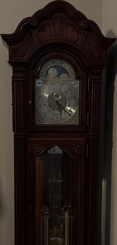 Sligh Traditional Brown Grandfather Clock Wood Glass Metal Pendulum Mechanical