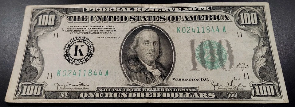 1934 D $100 Federal Reserve Note, Dallas! No pinholes! Fr# 2156 K. - Image 2 of 4