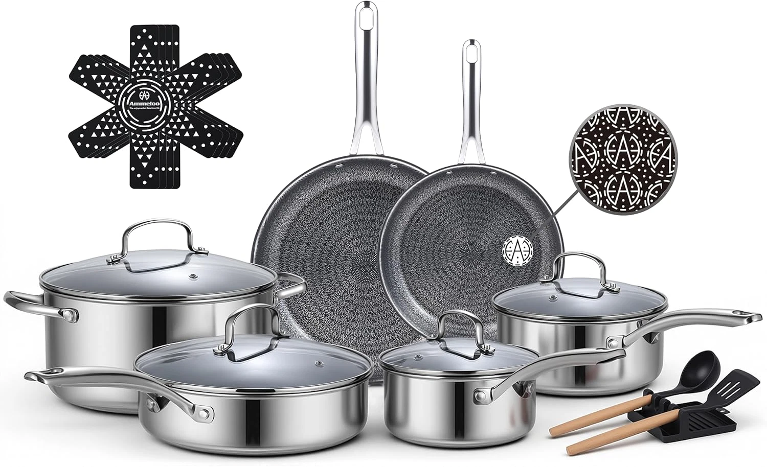 17 Pcs Nonstick Stainless Steel Cookware Set, Hybrid Stainless Steel Pots and Pa
