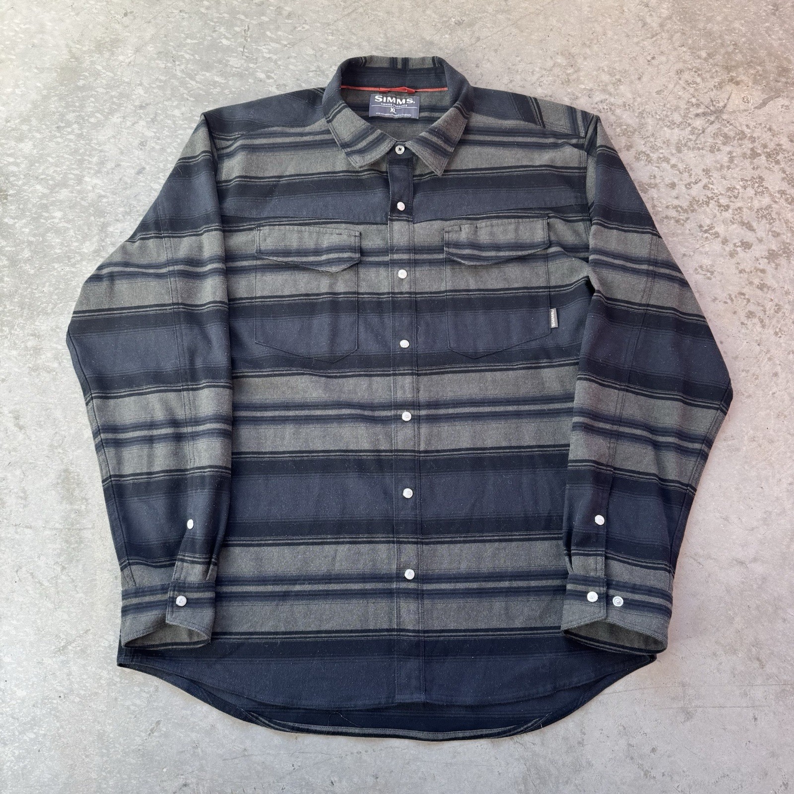 Simms Gallatin Flannel Shirt Striped Pearl Snap Western Fishing Button Size XL