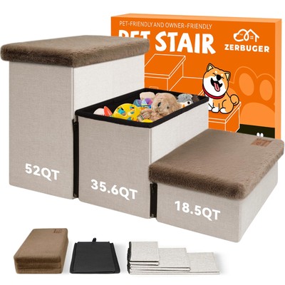 Dog Stairs with Furry Lids 18'' H, 3-Step Wider Dog Steps with Storage for Sma...