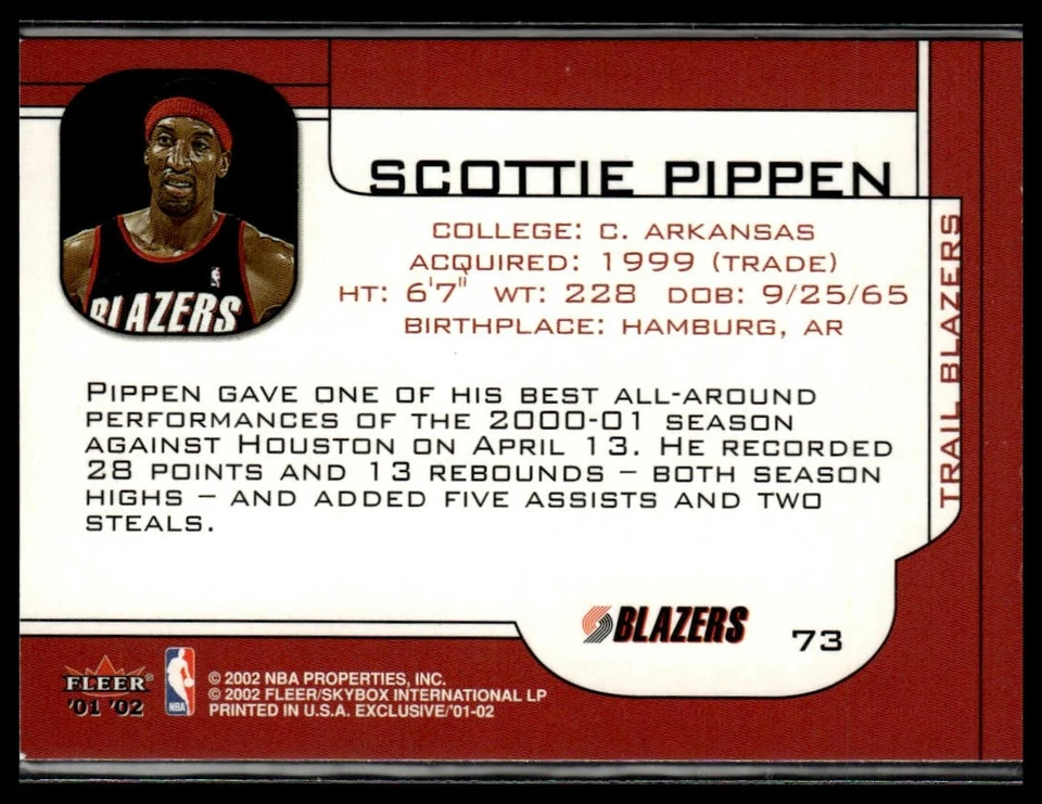 Scottie Pippen 2001-02 Fleer Exclusive #73 Portland Trail Blazers - Image 2 of 2