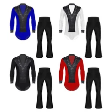 Men's Leotard And Tights Long Sleeve Bodysuit With Pants Dance Rompers V Neck